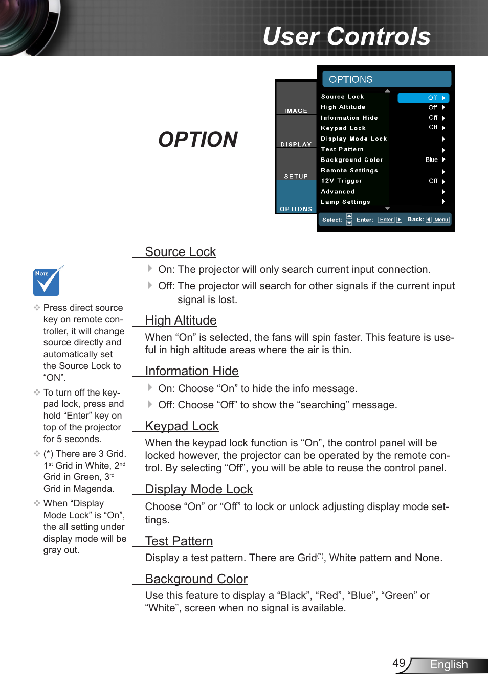 Option, User controls, Source lock | High altitude, Information hide, Keypad lock, Display mode lock, Test pattern, Background color | Optoma EH7700 User Manual | Page 49 / 81