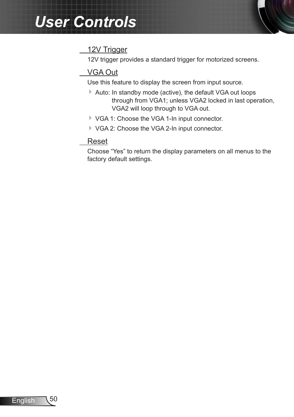 User controls | Optoma EH7700 User Manual | Page 50 / 81