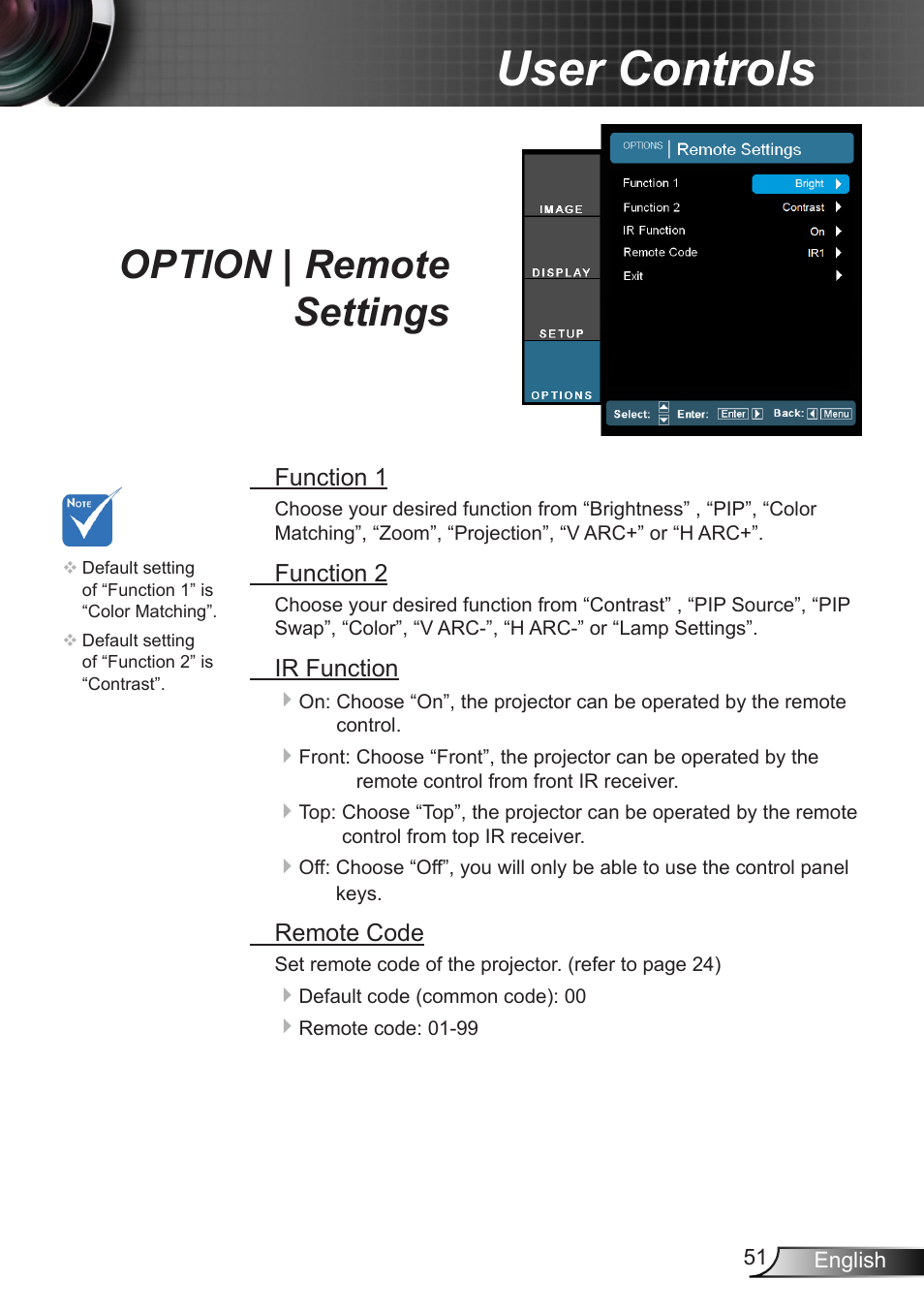 Option | remote settings, User controls | Optoma EH7700 User Manual | Page 51 / 81