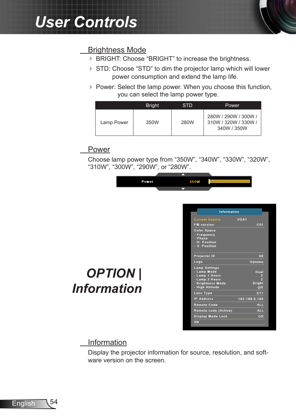 Option | information, User controls | Optoma EH7700 User Manual | Page 54 / 81