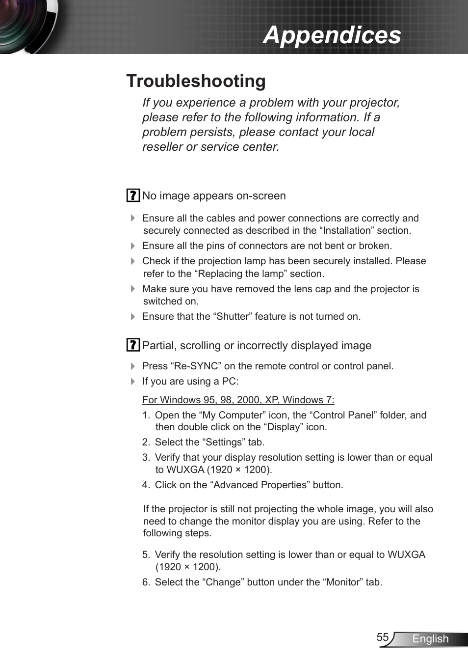 Appendices, Troubleshooting | Optoma EH7700 User Manual | Page 55 / 81