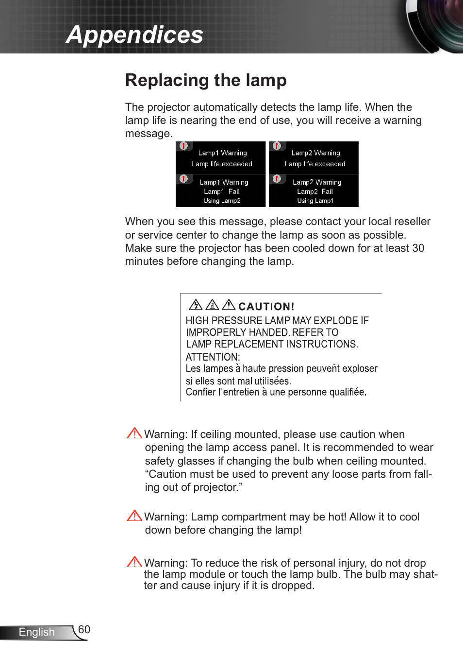 Replacing the lamp, Appendices | Optoma EH7700 User Manual | Page 60 / 81