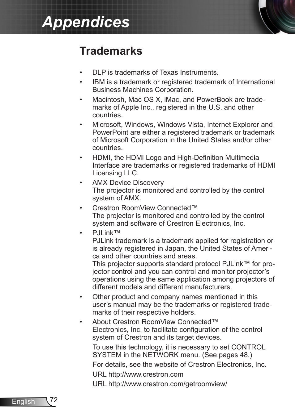 Trademarks, Appendices | Optoma EH7700 User Manual | Page 72 / 81