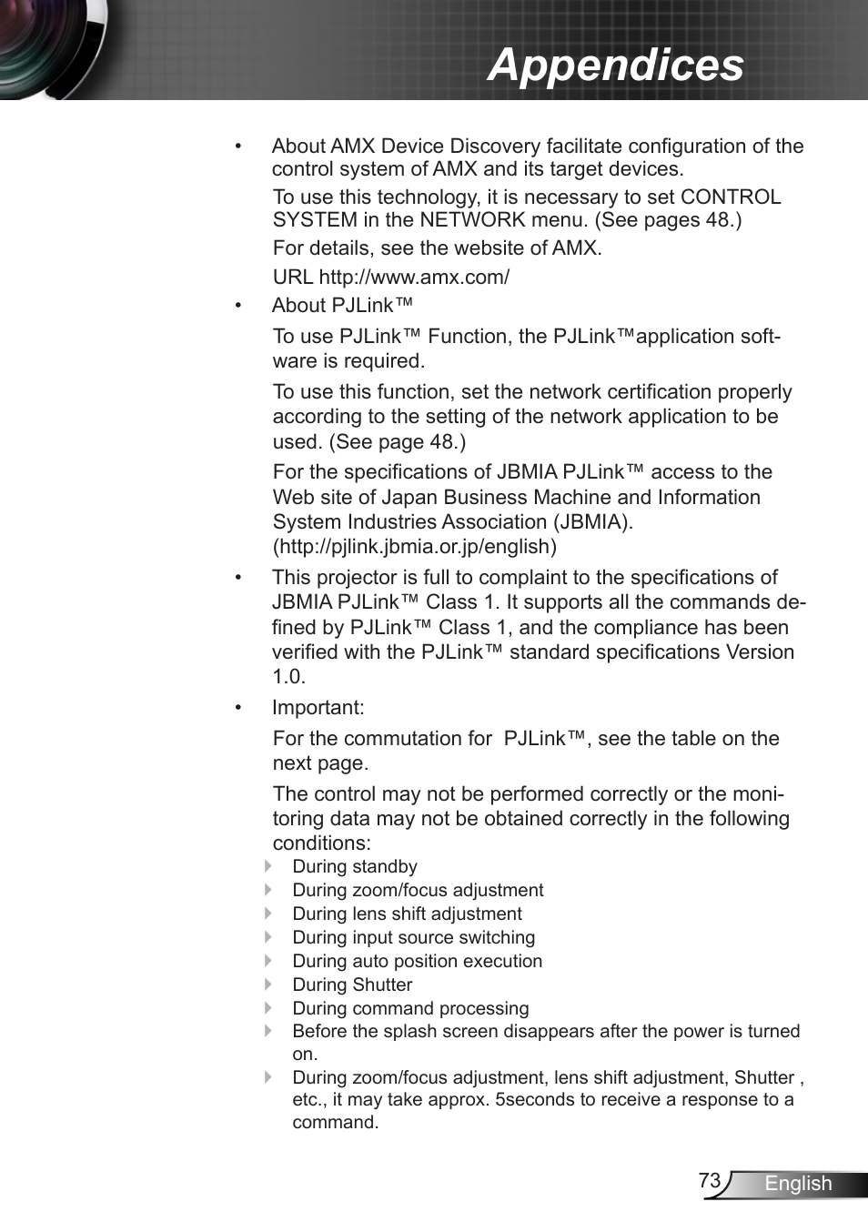 Appendices | Optoma EH7700 User Manual | Page 73 / 81