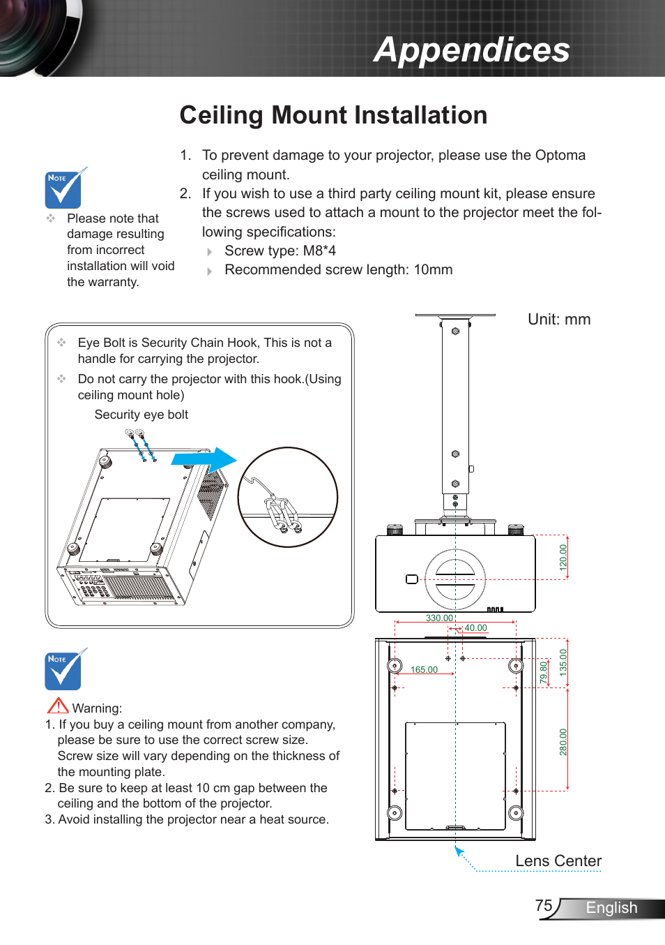 Ceiling mount installation, Appendices | Optoma EH7700 User Manual | Page 75 / 81