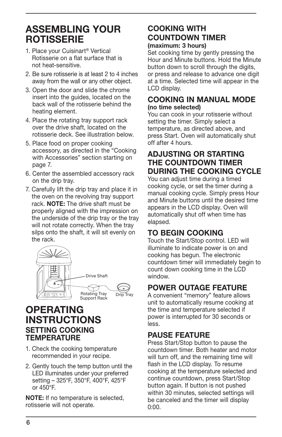 Assembling your rotisserie, Operating instructions, Setting cooking temperature | Cooking with countdown timer, Cooking in manual mode, Power outage feature, Pause feature | Cuisinart CVR-1000 User Manual | Page 6 / 9