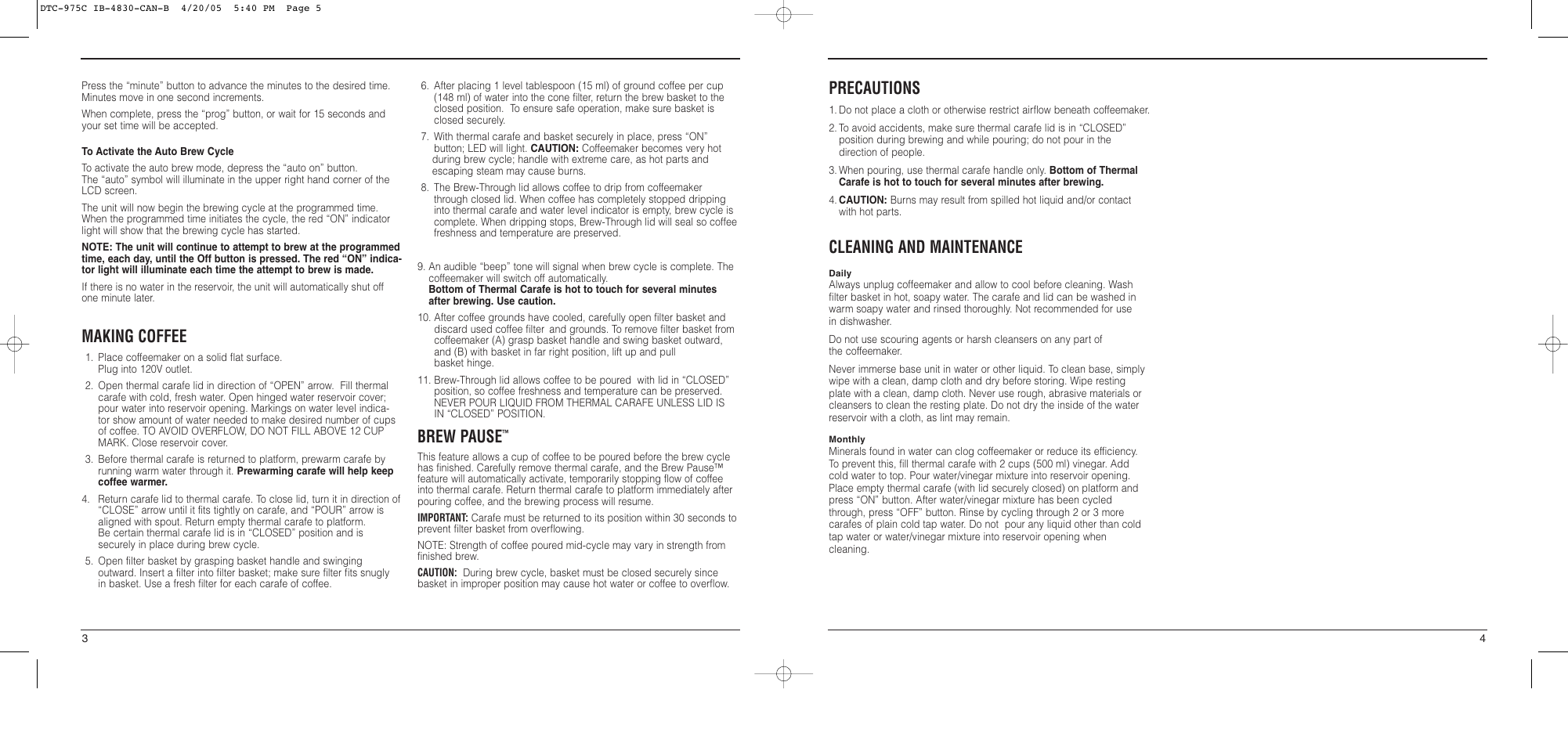 Precautions, Cleaning and maintenance, Making coffee | Brew pause | Cuisinart DTC-975 Series User Manual | Page 3 / 4