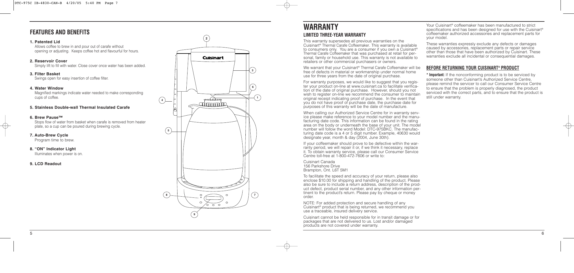 Warranty, Features and benefits, Limited three-year warranty | Before returning your cuisinart, Product | Cuisinart DTC-975 Series User Manual | Page 4 / 4