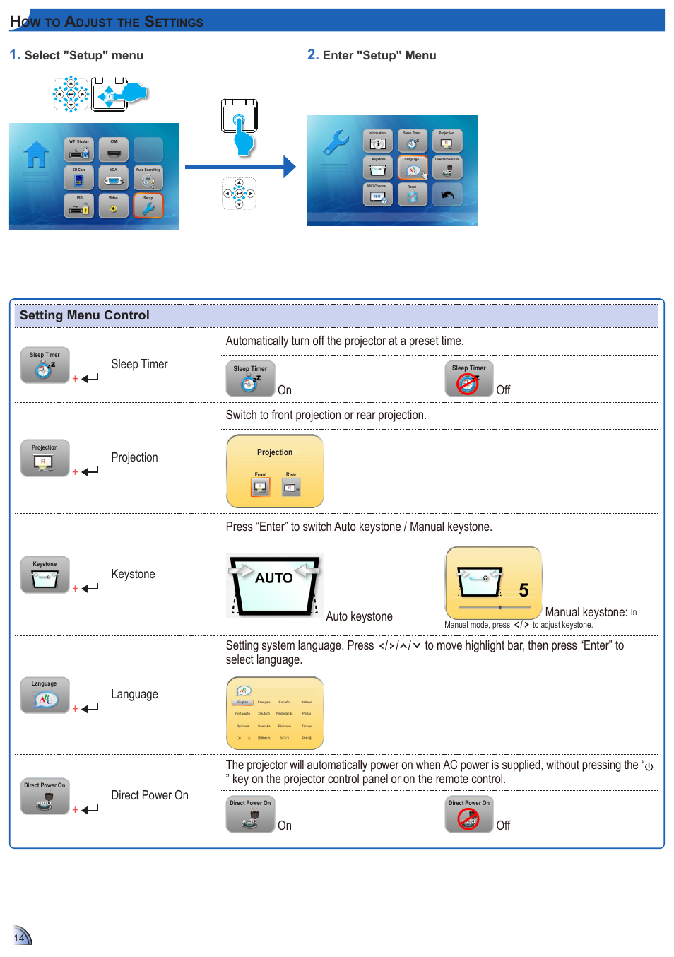 Setting menu control, Select "setup" menu, Enter "setup" menu | Optoma ML1500 User Manual | Page 14 / 21