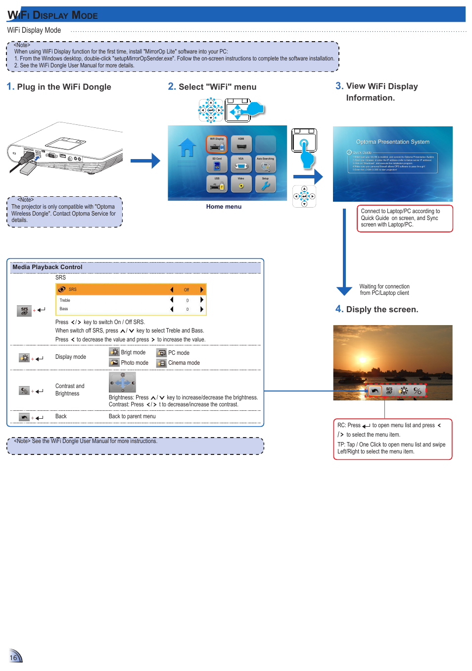 Select "wifi" menu, View wifi display information, Plug in the wifi dongle | Disply the screen | Optoma ML1500 User Manual | Page 16 / 21