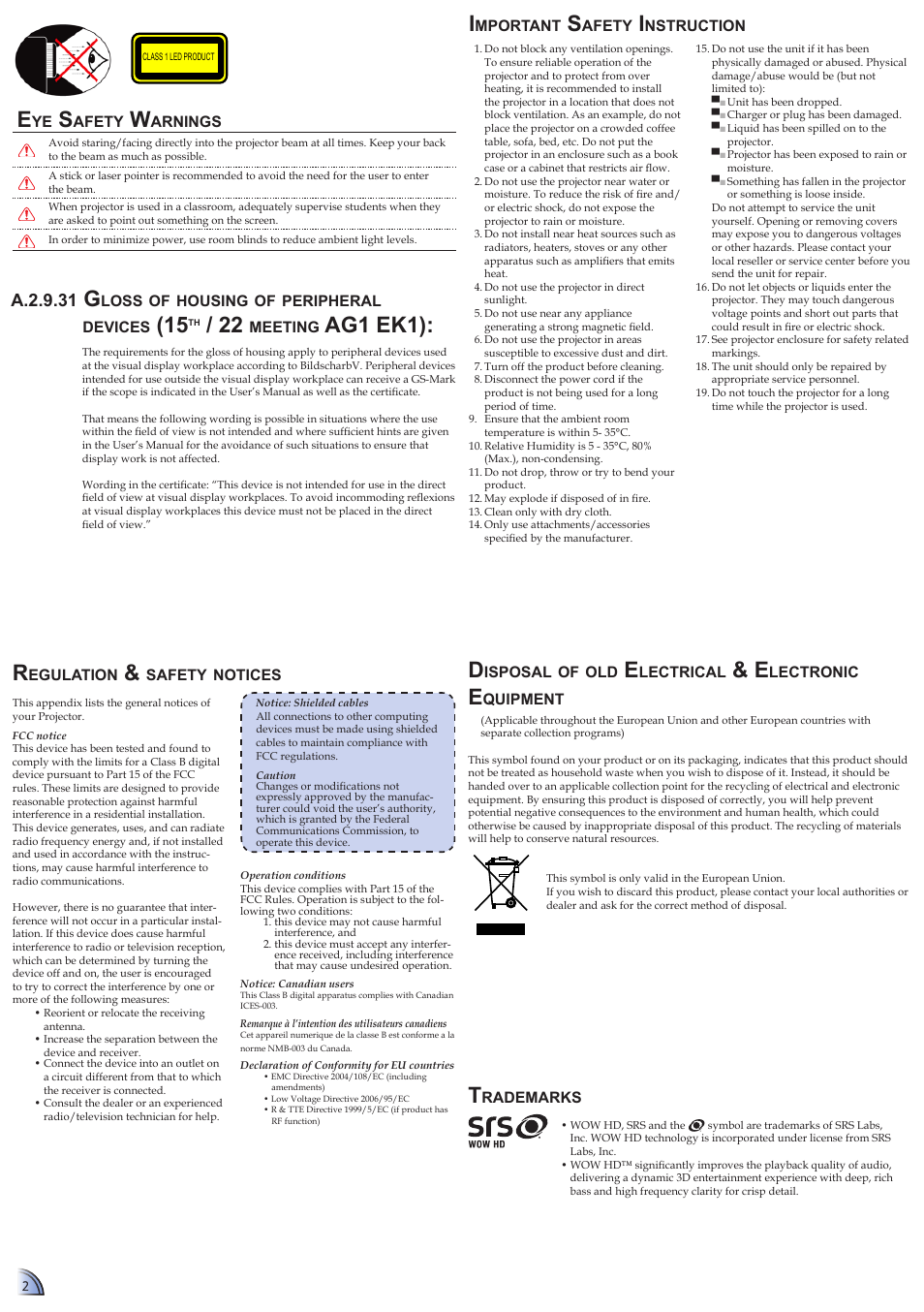 Ag1 ek1): t, A.2.9.31 | Optoma ML1500 User Manual | Page 2 / 21