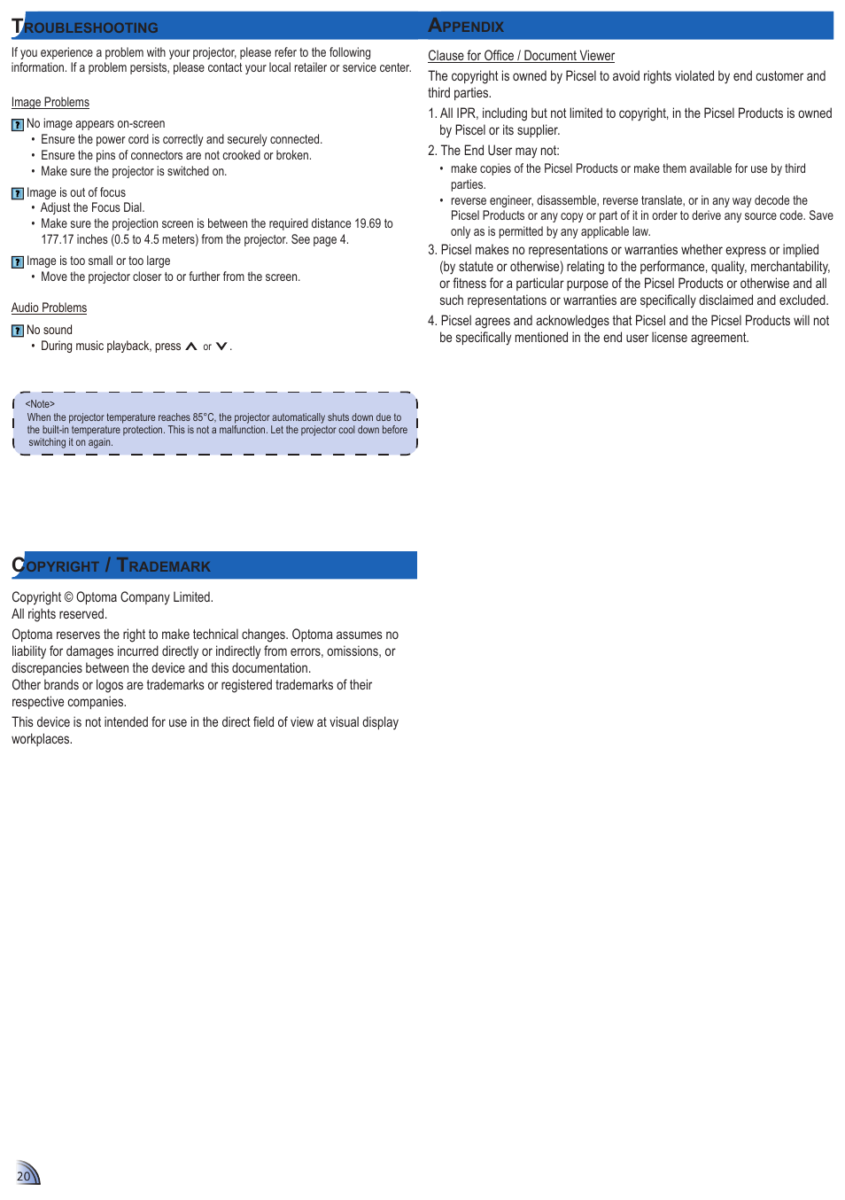 Optoma ML1500 User Manual | Page 20 / 21