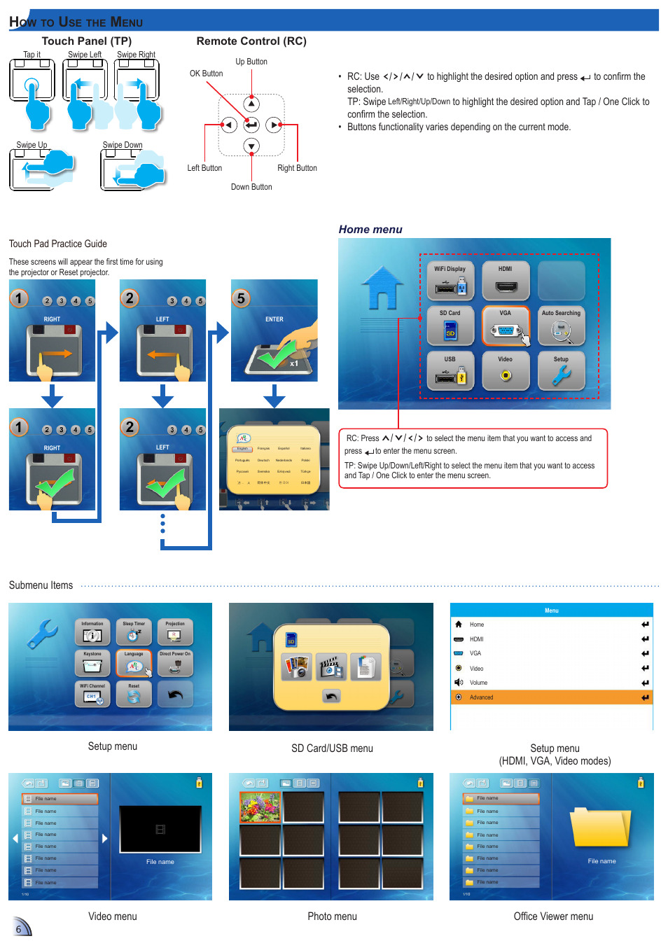 Submenu items, Setup menu, Sd card/usb menu | Enu rc: use, Touch pad practice guide | Optoma ML1500 User Manual | Page 6 / 21