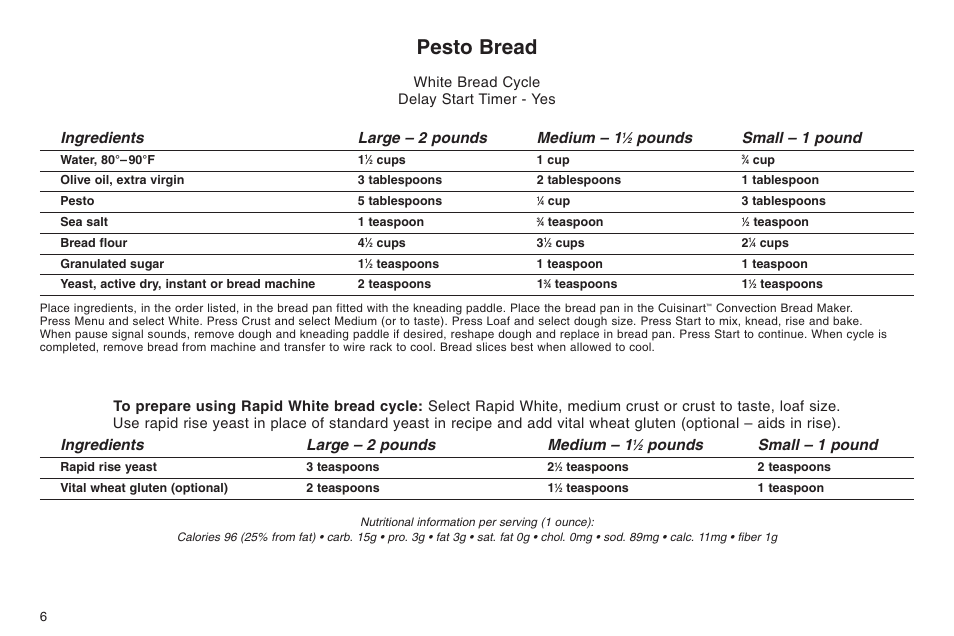 Pesto bread, Ingredients large – 2 pounds medium – 1, Pounds small – 1 pound | White bread cycle delay start timer - yes | Cuisinart ELC0303IB-1/7A7 User Manual | Page 10 / 119
