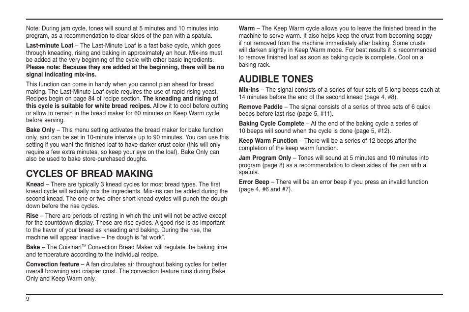 Cycles of bread making, Audible tones | Cuisinart ELC0303IB-1/7A7 User Manual | Page 107 / 119