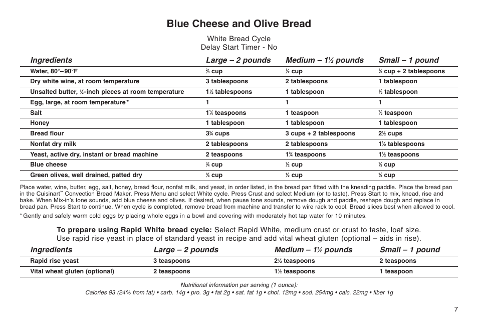 Blue cheese and olive bread, Ingredients large – 2 pounds medium – 1, Pounds small – 1 pound | White bread cycle delay start timer - no | Cuisinart ELC0303IB-1/7A7 User Manual | Page 11 / 119