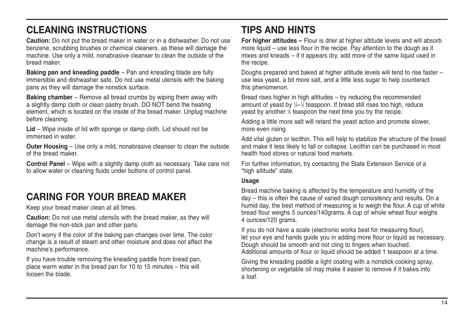 Cleaning instructions, Caring for your bread maker, Tips and hints | Cuisinart ELC0303IB-1/7A7 User Manual | Page 112 / 119