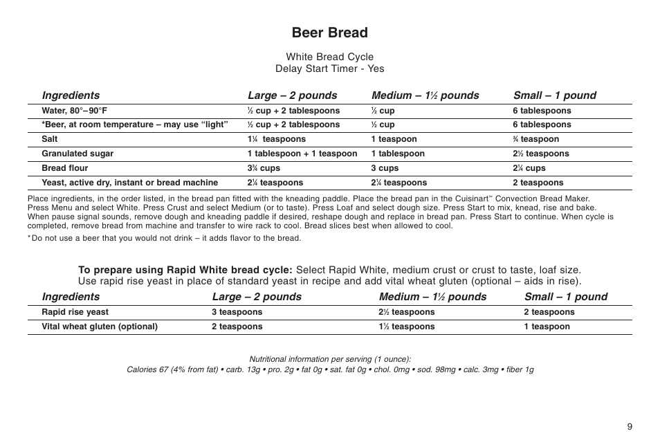 Beer bread, Ingredients large – 2 pounds medium – 1, Pounds small – 1 pound | White bread cycle delay start timer - yes | Cuisinart ELC0303IB-1/7A7 User Manual | Page 13 / 119