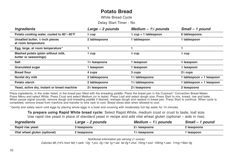 Potato bread, Ingredients large – 2 pounds medium – 1, Pounds small – 1 pound | White bread cycle delay start timer - no | Cuisinart ELC0303IB-1/7A7 User Manual | Page 14 / 119