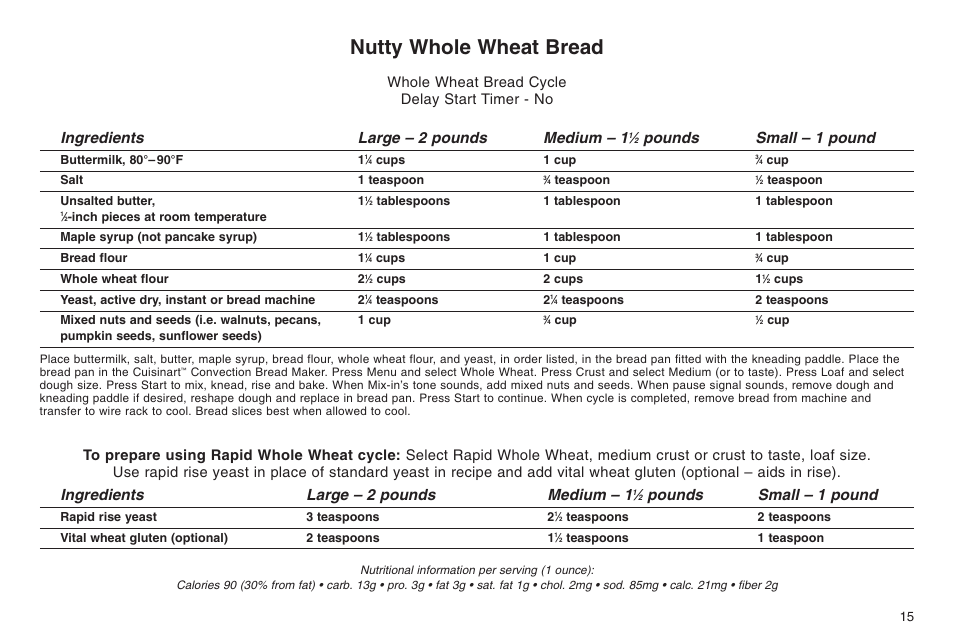 Nutty whole wheat bread, Ingredients large – 2 pounds medium – 1, Pounds small – 1 pound | Whole wheat bread cycle delay start timer - no | Cuisinart ELC0303IB-1/7A7 User Manual | Page 19 / 119