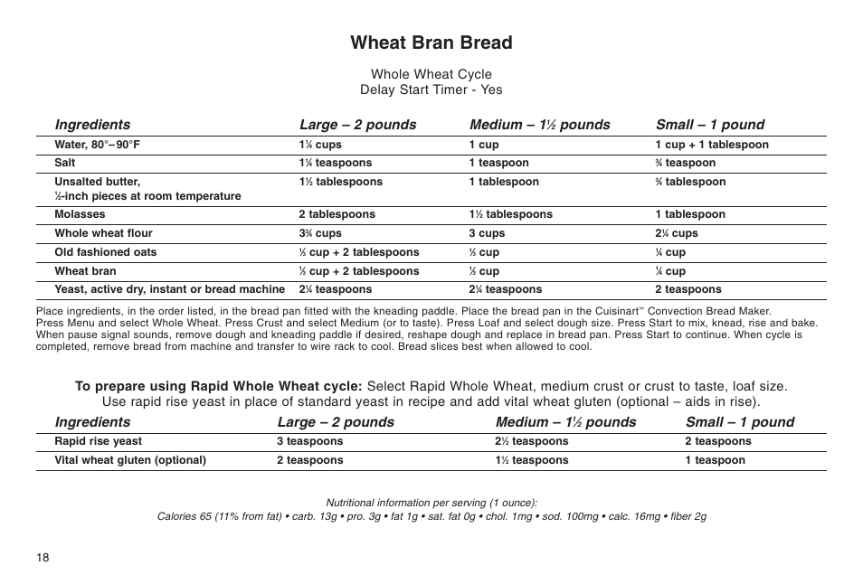 Wheat bran bread, Ingredients large – 2 pounds medium – 1, Pounds small – 1 pound | Whole wheat cycle delay start timer - yes | Cuisinart ELC0303IB-1/7A7 User Manual | Page 22 / 119