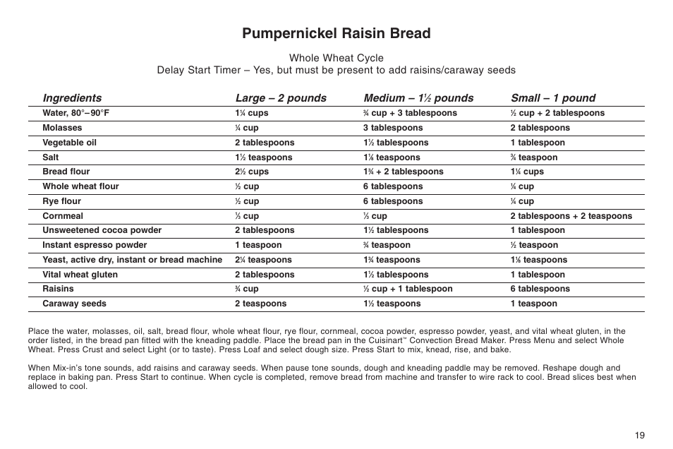 Pumpernickel raisin bread, Ingredients large – 2 pounds medium – 1, Pounds small – 1 pound | Cuisinart ELC0303IB-1/7A7 User Manual | Page 23 / 119
