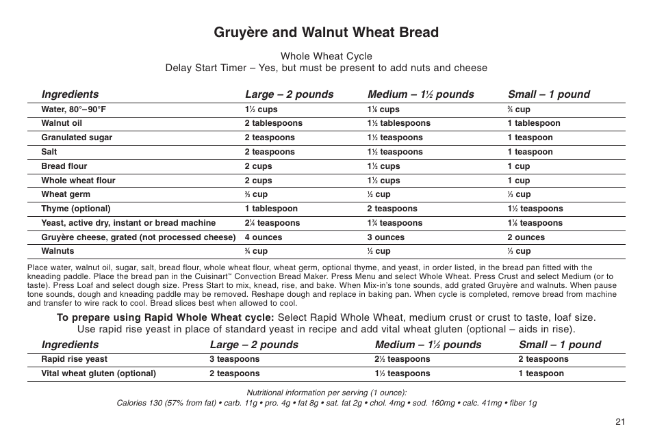 Gruyère and walnut wheat bread, Ingredients large – 2 pounds medium – 1, Pounds small – 1 pound | Cuisinart ELC0303IB-1/7A7 User Manual | Page 25 / 119