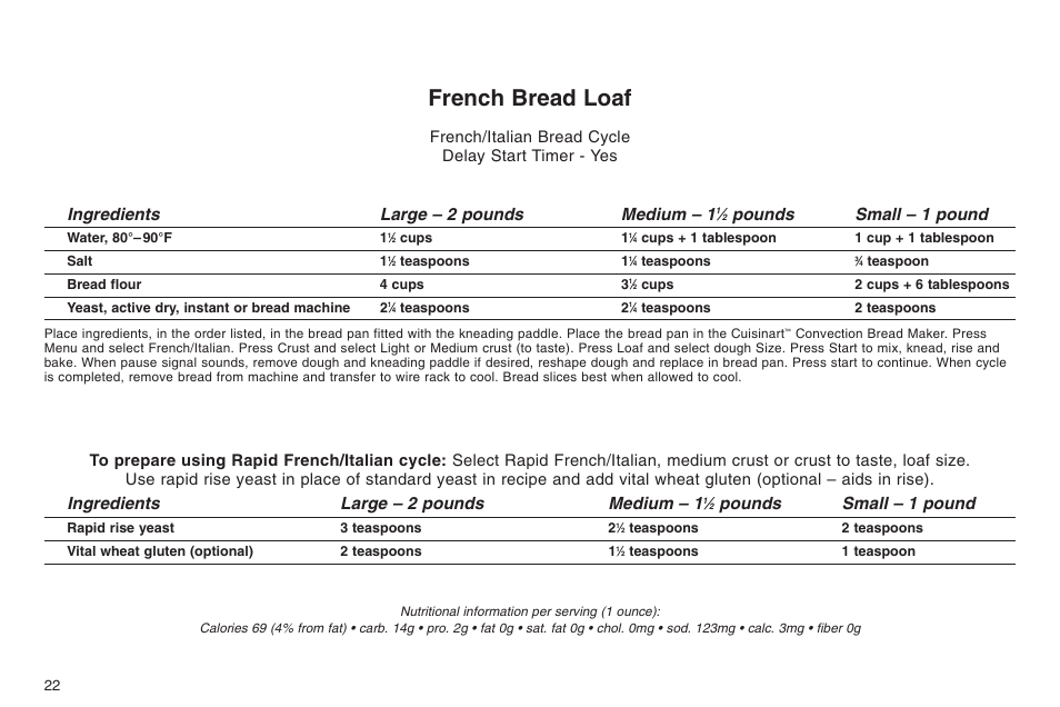 French bread loaf, Ingredients large – 2 pounds medium – 1, Pounds small – 1 pound | French/italian bread cycle delay start timer - yes | Cuisinart ELC0303IB-1/7A7 User Manual | Page 26 / 119