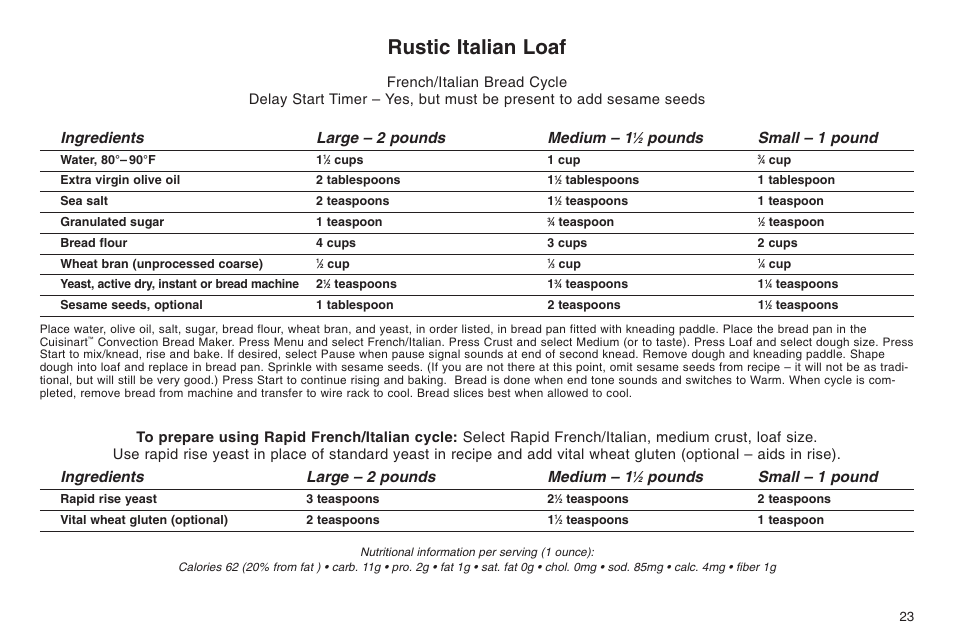 Rustic italian loaf, Ingredients large – 2 pounds medium – 1, Pounds small – 1 pound | Cuisinart ELC0303IB-1/7A7 User Manual | Page 27 / 119