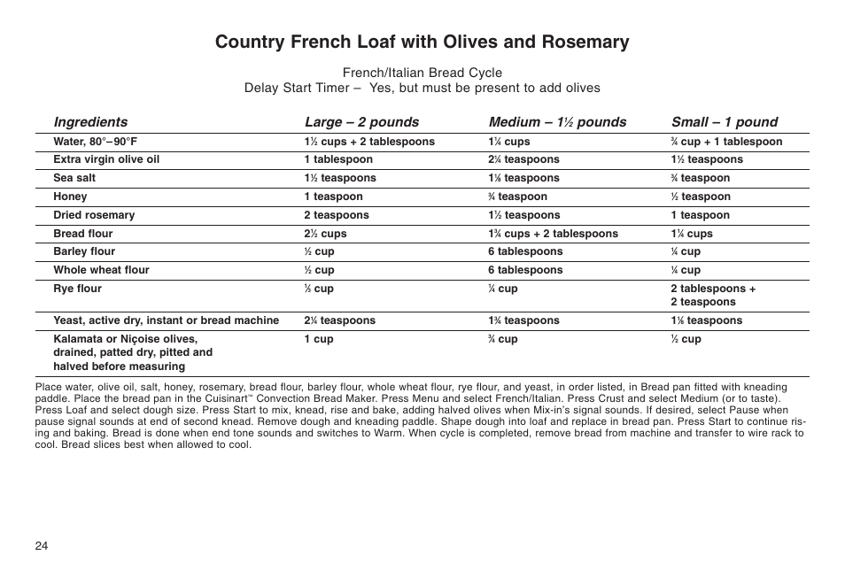 Country french loaf with olives and rosemary, Ingredients large – 2 pounds medium – 1, Pounds small – 1 pound | Cuisinart ELC0303IB-1/7A7 User Manual | Page 28 / 119