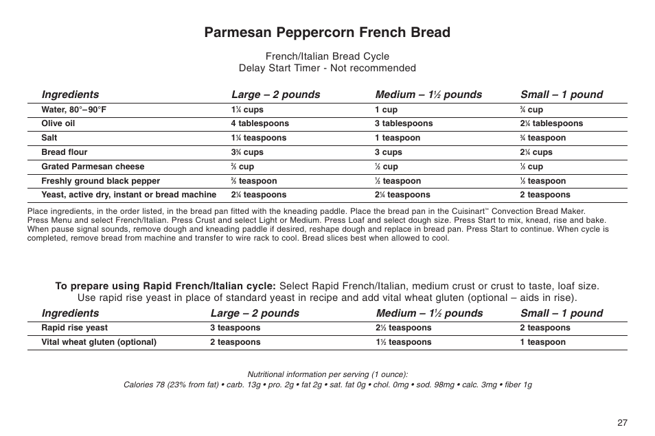 Parmesan peppercorn french bread, Ingredients large – 2 pounds medium – 1, Pounds small – 1 pound | Cuisinart ELC0303IB-1/7A7 User Manual | Page 31 / 119