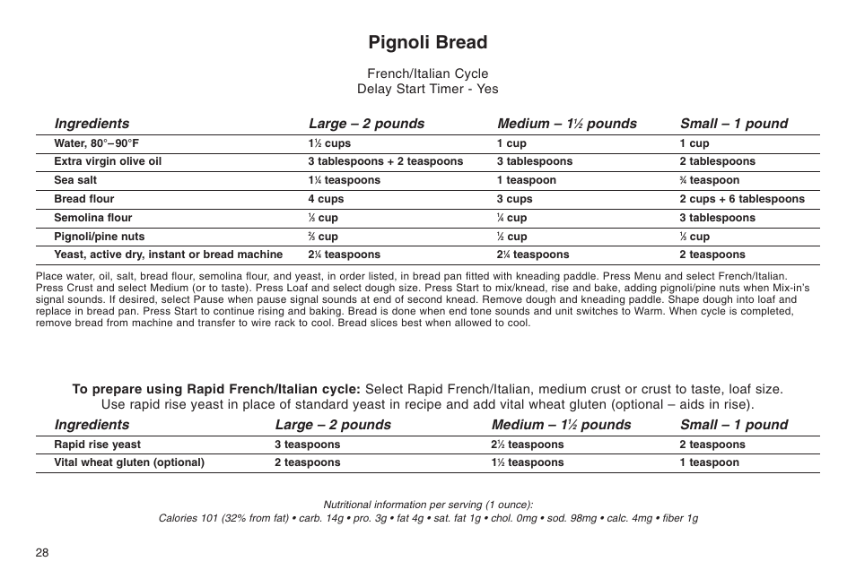 Pignoli bread, Ingredients large – 2 pounds medium – 1, Pounds small – 1 pound | French/italian cycle delay start timer - yes | Cuisinart ELC0303IB-1/7A7 User Manual | Page 32 / 119