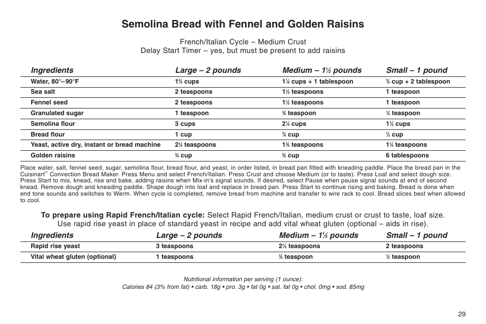 Semolina bread with fennel and golden raisins, Ingredients large – 2 pounds medium – 1, Pounds small – 1 pound | Cuisinart ELC0303IB-1/7A7 User Manual | Page 33 / 119