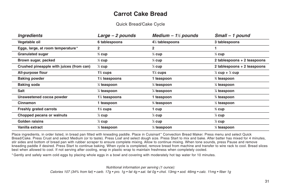 Carrot cake bread, Ingredients large – 2 pounds medium – 1, Pounds small – 1 pound | Quick bread/cake cycle | Cuisinart ELC0303IB-1/7A7 User Manual | Page 35 / 119