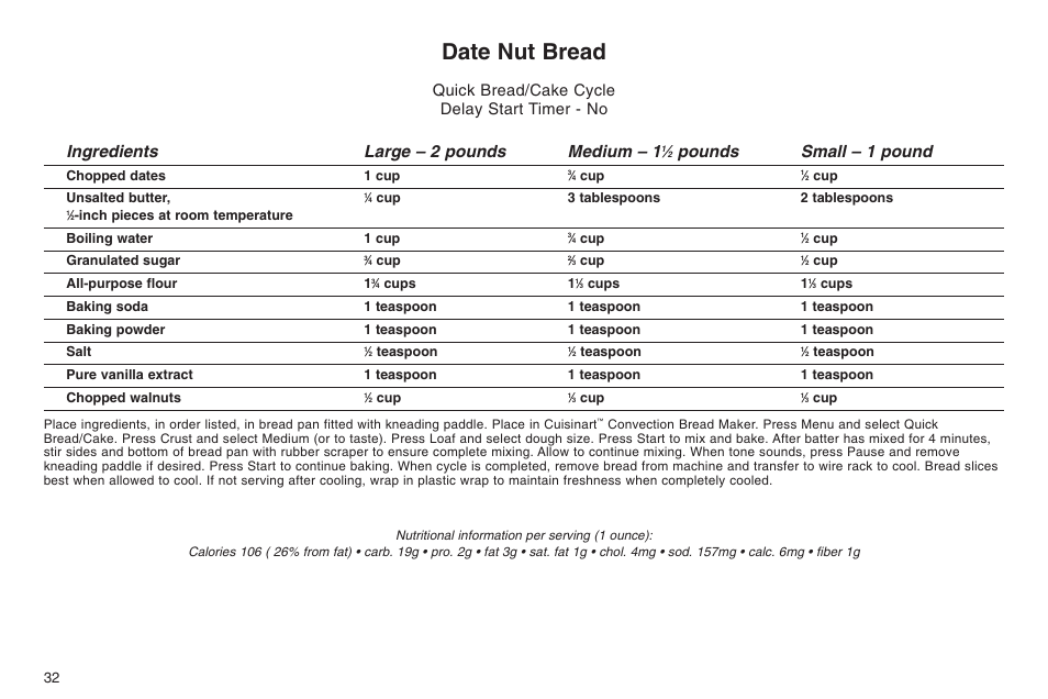 Date nut bread, Ingredients large – 2 pounds medium – 1, Pounds small – 1 pound | Quick bread/cake cycle delay start timer - no | Cuisinart ELC0303IB-1/7A7 User Manual | Page 36 / 119