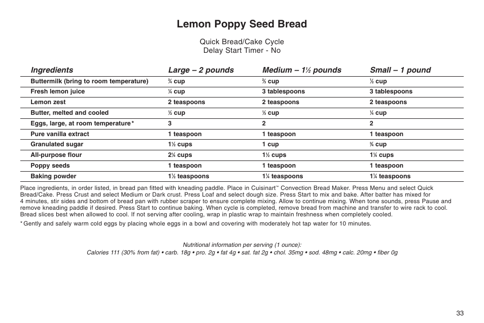 Lemon poppy seed bread, Ingredients large – 2 pounds medium – 1, Pounds small – 1 pound | Quick bread/cake cycle delay start timer - no | Cuisinart ELC0303IB-1/7A7 User Manual | Page 37 / 119