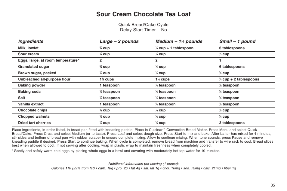 Sour cream chocolate tea loaf, Ingredients large – 2 pounds medium – 1, Pounds small – 1 pound | Quick bread/cake cycle delay start timer – no | Cuisinart ELC0303IB-1/7A7 User Manual | Page 39 / 119