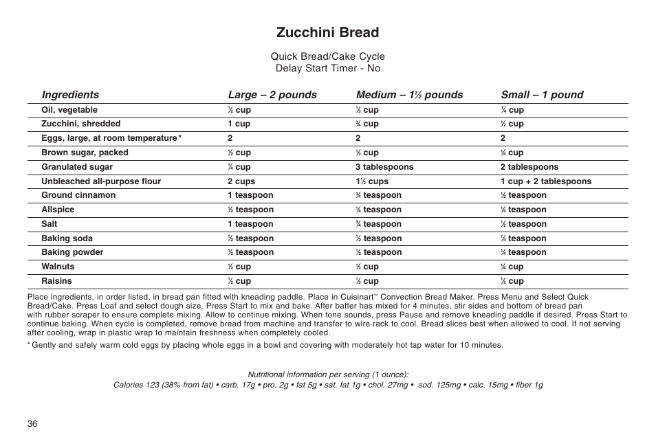 Zucchini bread, Ingredients large – 2 pounds medium – 1, Pounds small – 1 pound | Quick bread/cake cycle delay start timer - no | Cuisinart ELC0303IB-1/7A7 User Manual | Page 40 / 119