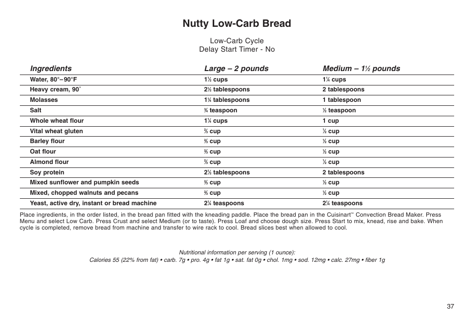 Nutty low-carb bread, Ingredients large – 2 pounds medium – 1, Pounds | Low-carb cycle delay start timer - no | Cuisinart ELC0303IB-1/7A7 User Manual | Page 41 / 119