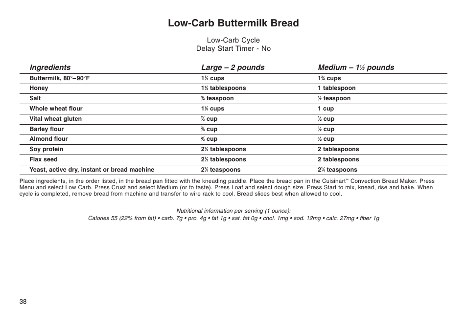 Low-carb buttermilk bread, Ingredients large – 2 pounds medium – 1, Pounds | Low-carb cycle delay start timer - no | Cuisinart ELC0303IB-1/7A7 User Manual | Page 42 / 119