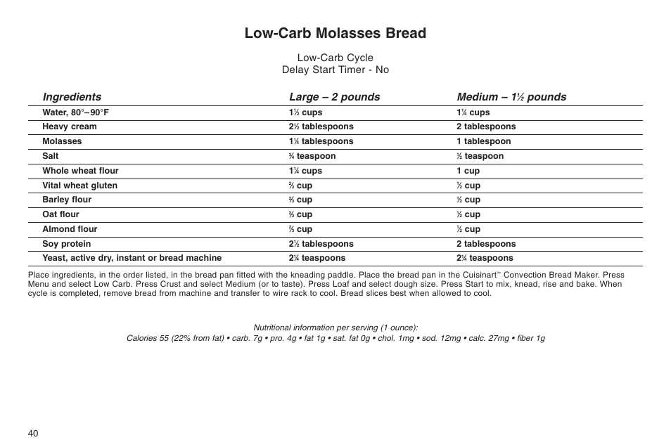 Low-carb molasses bread, Ingredients large – 2 pounds medium – 1, Pounds | Low-carb cycle delay start timer - no | Cuisinart ELC0303IB-1/7A7 User Manual | Page 44 / 119