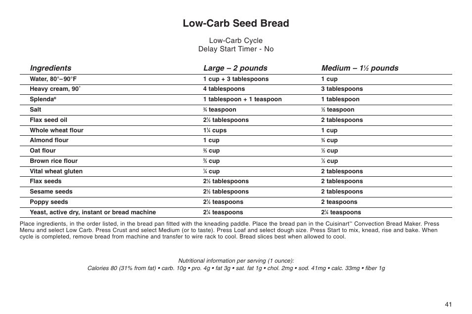 Low-carb seed bread, Ingredients large – 2 pounds medium – 1, Pounds | Low-carb cycle delay start timer - no | Cuisinart ELC0303IB-1/7A7 User Manual | Page 45 / 119