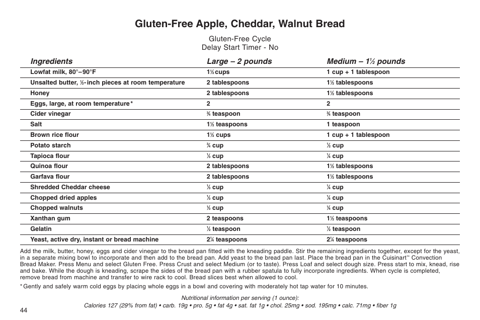 Gluten-free apple, cheddar, walnut bread, Ingredients large – 2 pounds medium – 1, Pounds | Gluten-free cycle delay start timer - no | Cuisinart ELC0303IB-1/7A7 User Manual | Page 48 / 119
