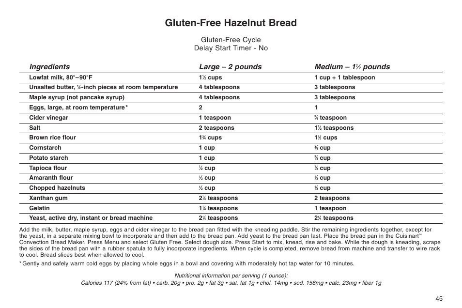 Gluten-free hazelnut bread, Ingredients large – 2 pounds medium – 1, Pounds | Gluten-free cycle delay start timer - no | Cuisinart ELC0303IB-1/7A7 User Manual | Page 49 / 119