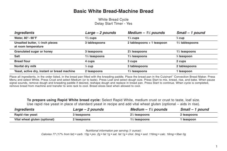 Basic white bread-machine bread, Ingredients large – 2 pounds medium – 1, Pounds small – 1 pound | White bread cycle delay start timer - yes | Cuisinart ELC0303IB-1/7A7 User Manual | Page 5 / 119
