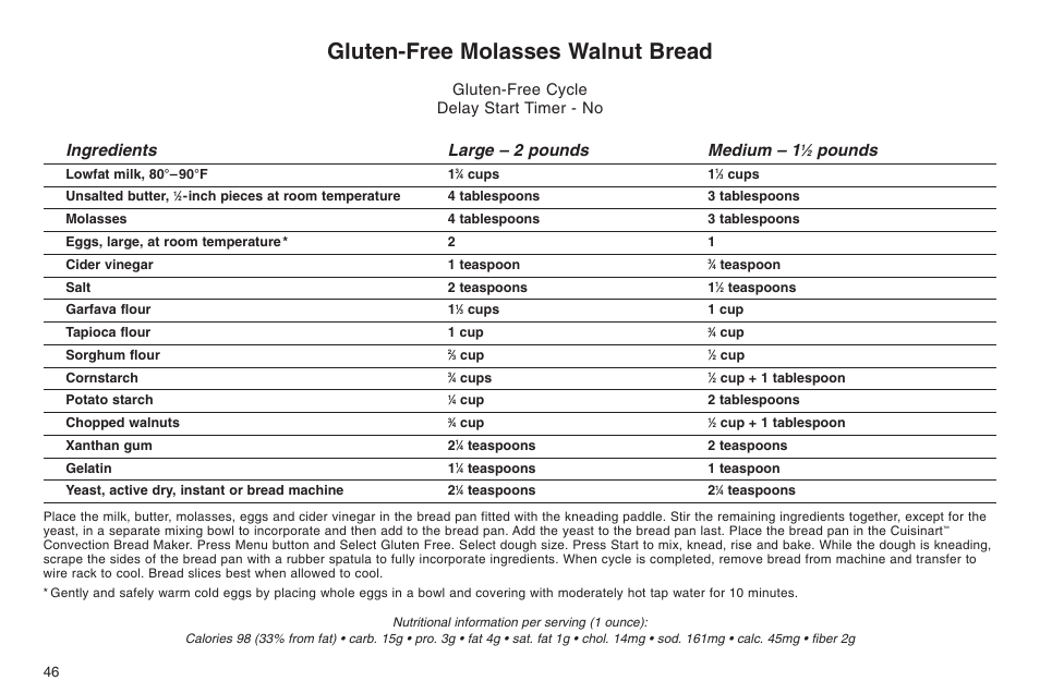 Gluten-free molasses walnut bread, Ingredients large – 2 pounds medium – 1, Pounds | Gluten-free cycle delay start timer - no | Cuisinart ELC0303IB-1/7A7 User Manual | Page 50 / 119