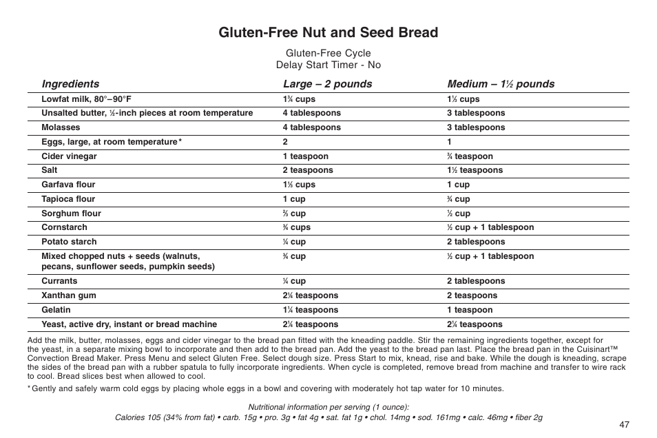 Gluten-free nut and seed bread, Ingredients large – 2 pounds medium – 1, Pounds | Gluten-free cycle delay start timer - no | Cuisinart ELC0303IB-1/7A7 User Manual | Page 51 / 119