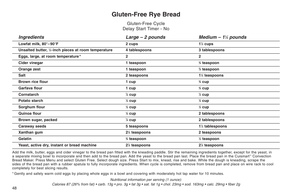 Gluten-free rye bread, Ingredients large – 2 pounds medium – 1, Pounds | Gluten-free cycle delay start timer - no | Cuisinart ELC0303IB-1/7A7 User Manual | Page 52 / 119