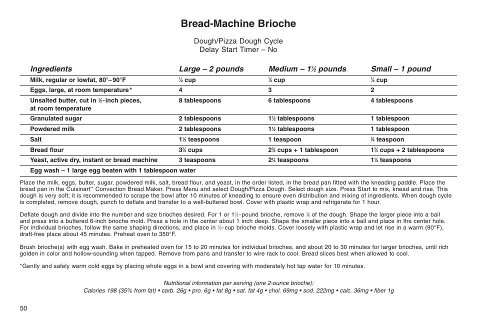 Bread-machine brioche, Ingredients large – 2 pounds medium – 1, Pounds small – 1 pound | Dough/pizza dough cycle delay start timer – no | Cuisinart ELC0303IB-1/7A7 User Manual | Page 54 / 119