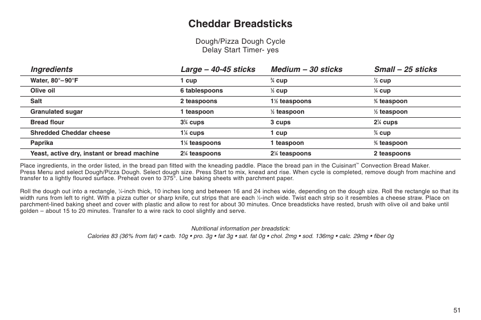 Cheddar breadsticks, Dough/pizza dough cycle delay start timer- yes | Cuisinart ELC0303IB-1/7A7 User Manual | Page 55 / 119